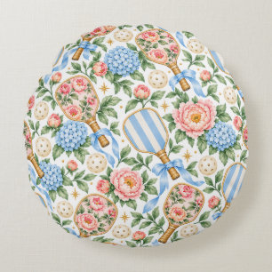 Coussins Ronds Élégance Côtière Prépa Bleu Pickleball et Rose Blu