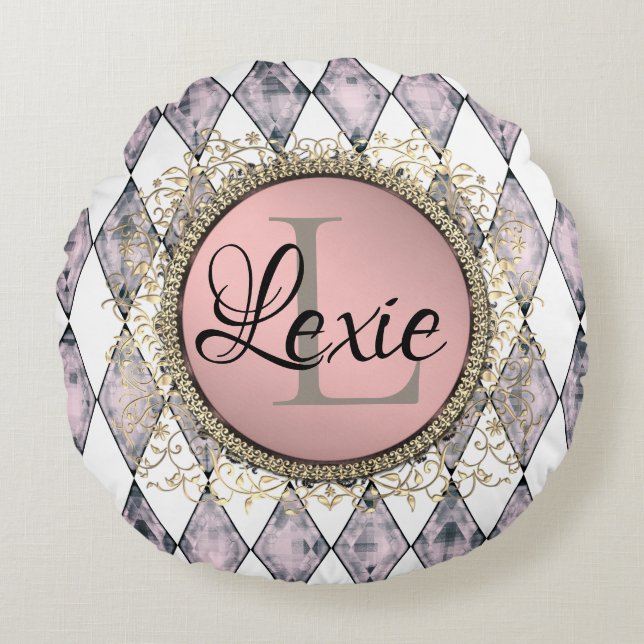 Coussins Ronds Élégant arlequin rose-bleu monogramme (Devant)