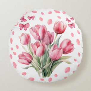 Coussins Ronds Élégant bouquet de tulipes à l'aquarelle pétales