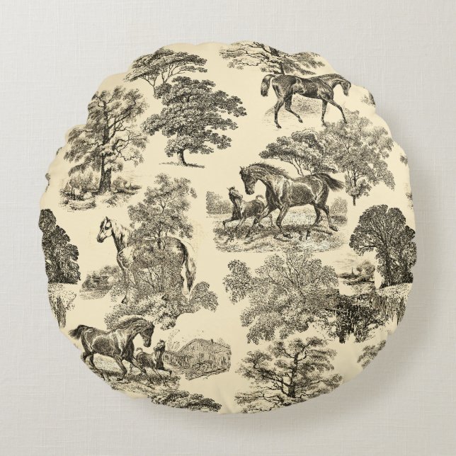 Coussins Ronds Élégant Cheval Rustique Arbres Beige Tan Toile (Devant)