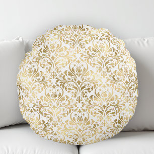 Coussins Ronds Élégant Damassé Doré Blanc Vintage