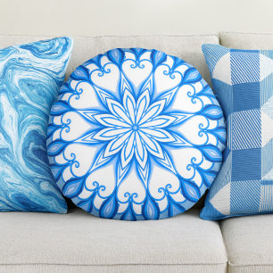 Coussins Ronds Elégant Mandala Boho Méditerranéen Blanc Et Bleu