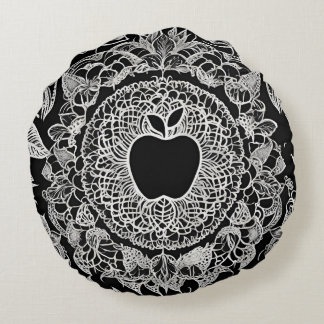 Coussins Ronds Élégant Mandala en Dentelle Noir et Blanc de Pomme