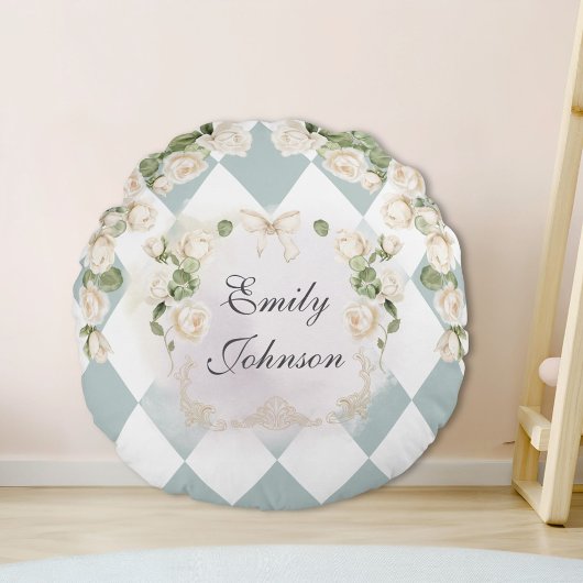 Coussins Ronds Elegant Monogram White Roses Green Leaves Diamond