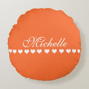 Coussins Ronds Élégant Monogramme Coeurs blancs Orange
