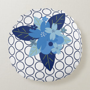 Coussins Ronds Elégant motif floral bleu monochromatique