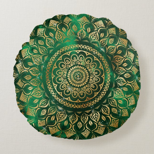 Coussins Ronds Élégant or vert Mandala Floral (Devant)