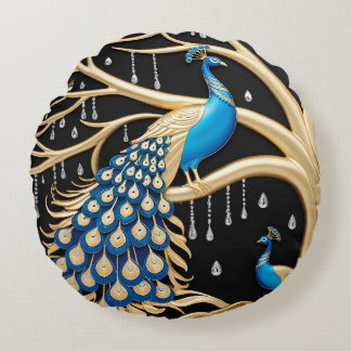 Coussins Ronds Elégant Peacock Wall Art avec Gold et Blue Detail