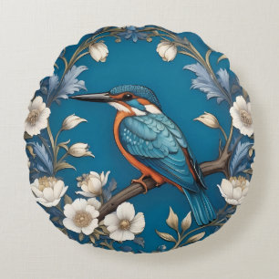 Coussins Ronds Élégant turquoise Kingfisher Bird Floral