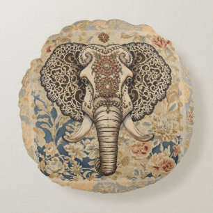 Coussins Ronds Élégant Vintage, Eléphant Antique, Beige Bleu Pêch