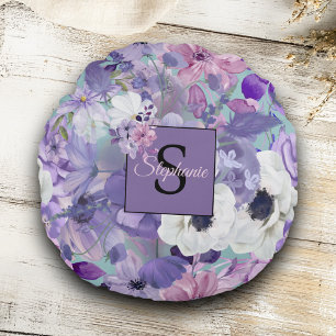 Coussins Ronds Élégant Violet Et Violet Fleurs sauvages Et Monogr