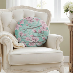 Coussins Ronds Élégante Aquarelle rose Fleurs de cerisiers sur Ag