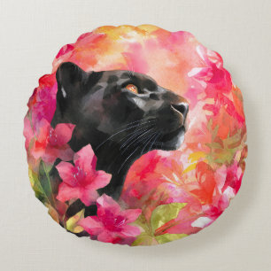 Coussins Ronds Élégante panthère noire florale sauvage florissant