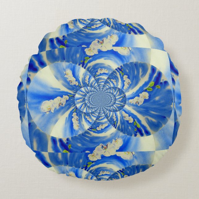Coussins Ronds Elégante peinture à l'aquarelle d'orchidée blanche (Devant)