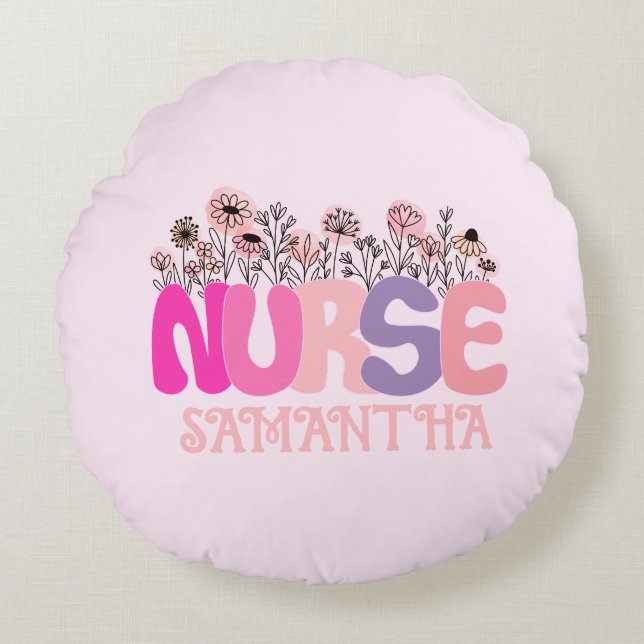 Coussins Ronds Élégante typographie "infirmière" avec florale vib (Devant)