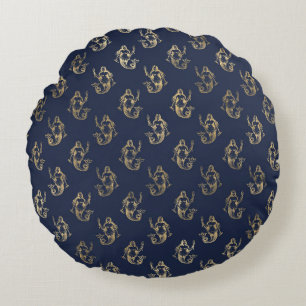 Coussins Ronds Élégants motifs nautiques et vintage bleu et or