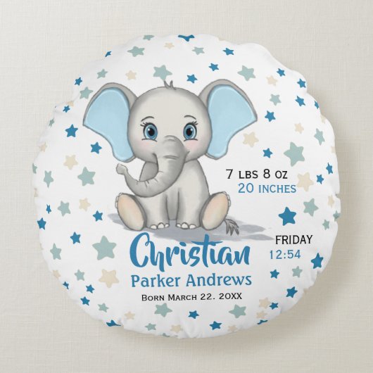 Coussins Ronds Eléphant Bébé mignon avec oreilles bleues Boy Stat (Devant)