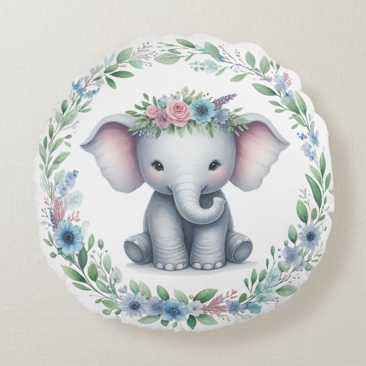 Coussins Ronds Eléphant mignon avec Floral Bleu (Devant)
