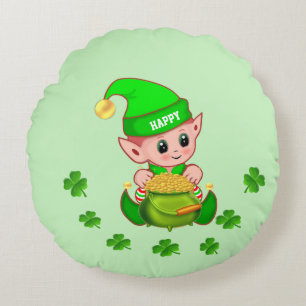Coussins Ronds Elfe mignon, pot d'or et trèfles sur fond vert cla