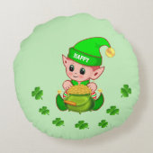 Coussins Ronds Elfe mignon, pot d'or et trèfles sur fond vert cla (Dos)