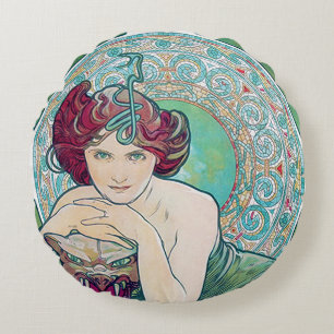 Coussins Ronds Emeraude (Quatre Bijoux), Oreiller Alphonse Mucha