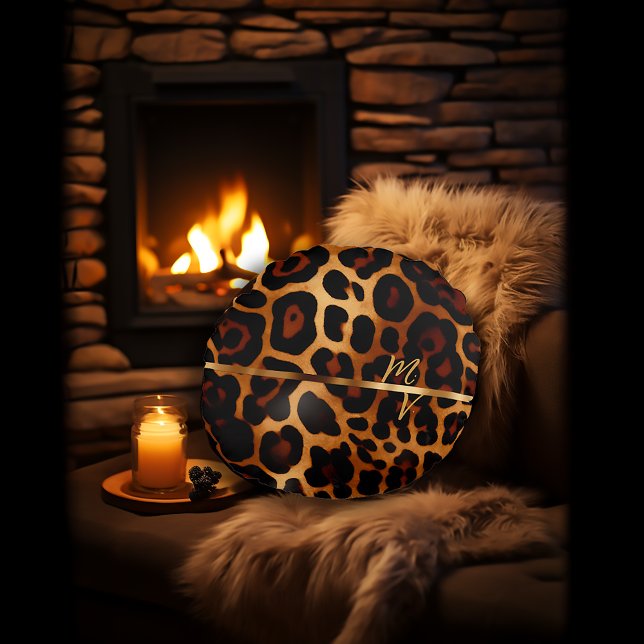 Coussins Ronds Empreinte de léopard chic et or Monogrammé (Stylish Luxe Leopard-Print Decorative Throw Pillow )