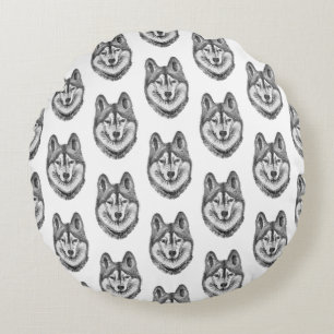 Coussins Ronds Encre noir et blanc et aquarelle Husky sibérien