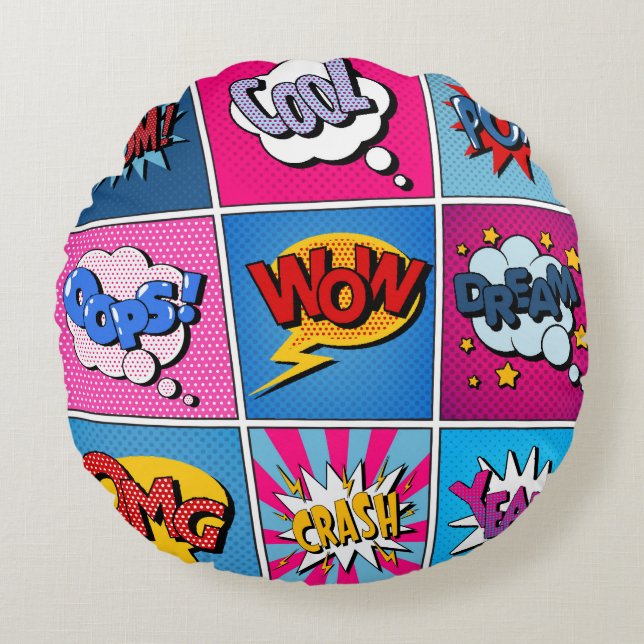 Coussins Ronds Ensemble de bulles comiques. Expressions Bom, Cool (Devant)