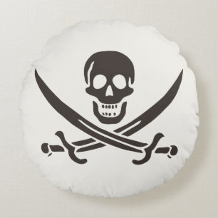 Coussins Ronds Épées de crâne d'obsidienne Drapeau pirate de Cali