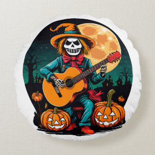 Coussins Ronds épouvantail joue de la guitare et célèbre Hallowee