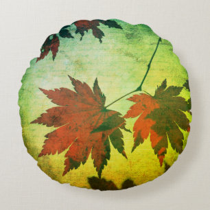 Coussins Ronds Érable japonais script feuille tomber rouge vert