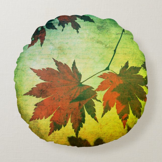 Coussins Ronds Érable japonais script feuille tomber rouge vert (Devant)