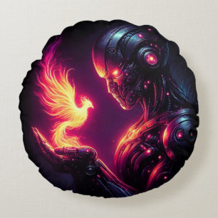 Coussins Ronds Esprit de feu de phénix de robot futuriste cyberné