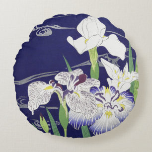 Coussins Ronds Estampe d'art Iris japonais vintage de Kogyo Tsuki