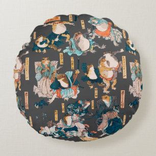 Coussins Ronds Estampe japonaise de grenouille sur bois Kuniyoshi