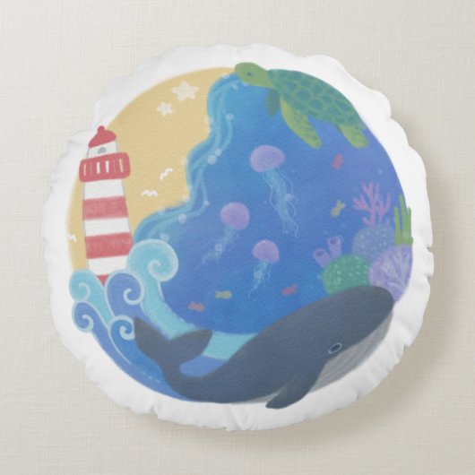 Coussins Ronds Été Ocean Whale Turtle & Lighthouse (Devant)