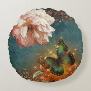 Coussins Ronds Ethereal Butterly Bokeh et Peony Turquoise et Peac