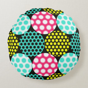 Coussins Ronds Étoiles et cercles, motif pop multicolore.