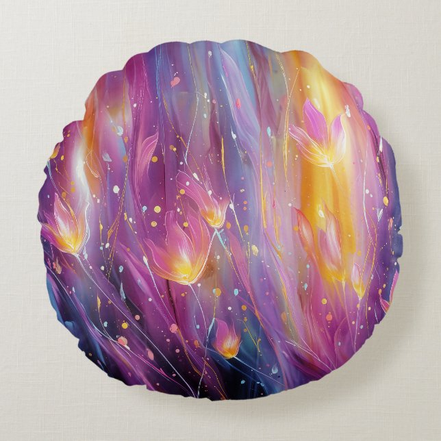 Coussins Ronds Explosion florale lumineuse abstraite (Devant)