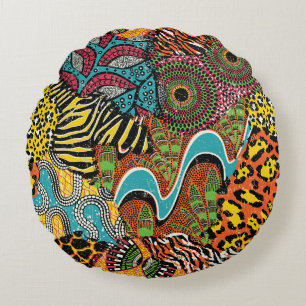 Coussins Ronds Fabric africain : Patchwork d'animaux sauvages.