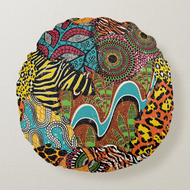 Coussins Ronds Fabric africain : Patchwork d'animaux sauvages. (Devant)