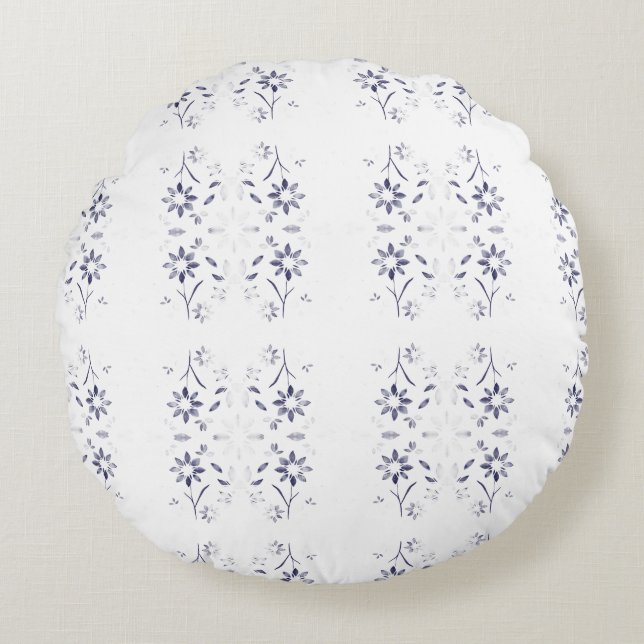 Coussins Ronds Faded Blue and White Floral Pattern (Devant)