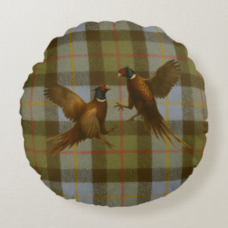Coussins Ronds Faisans combattants sur fond tweed / tartan
