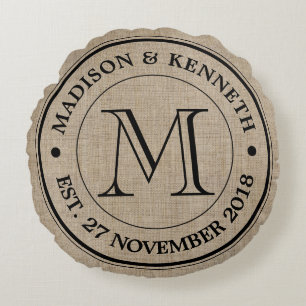 Coussins Ronds Faites votre propre Burlap Retro Logo Monogramme