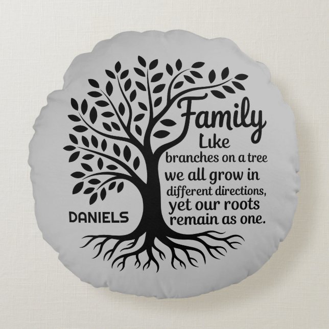 Coussins Ronds Family Tree Black & Gray Personalized (Devant)