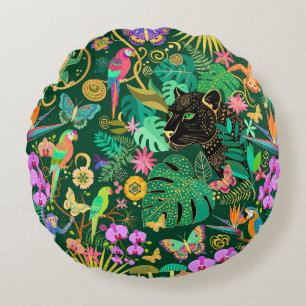 Coussins Ronds Fantasie surréaliste exotique dorée de la jungle