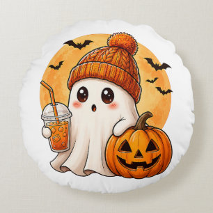Coussins Ronds Fantôme buvant un café glacé avec Halloween citrou