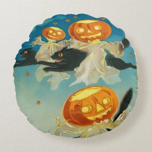 Coussins Ronds Fantômes Citrouilles vintages d'Halloween et chats