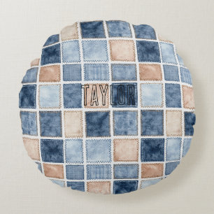 Coussins Ronds Fausse denim à paillettes bleues crème