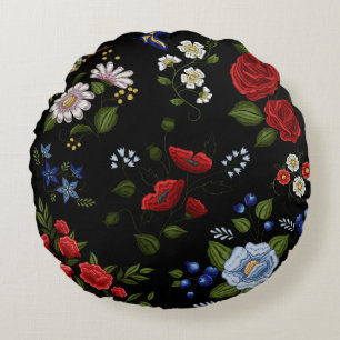 Coussins Ronds Faux Fleurs Brodées Rouge & Bleu   